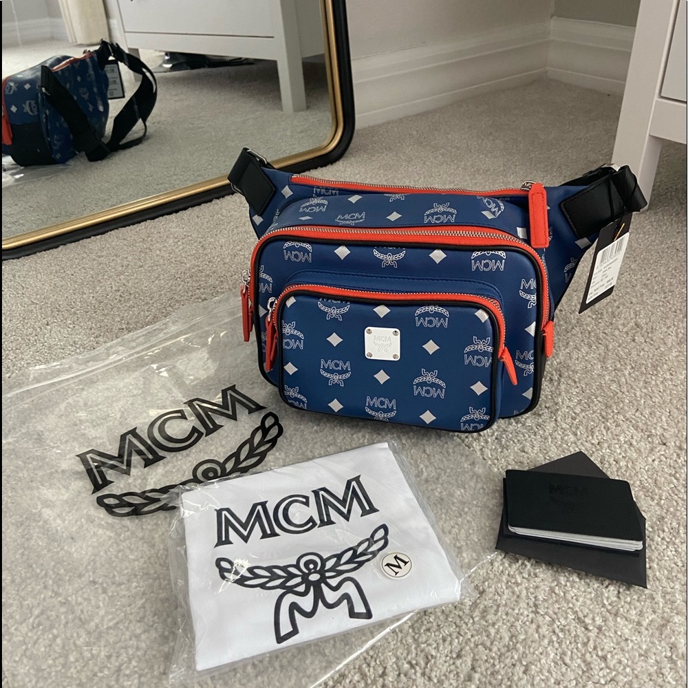 MCM Resnick Estate Blue Leather Refl Belt Bag